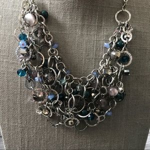 Silver and blue beaded cluster statement necklace